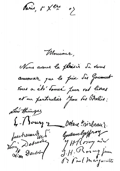 Lettre du jury du Goncourt à Emile Moselly pour le prix 1907